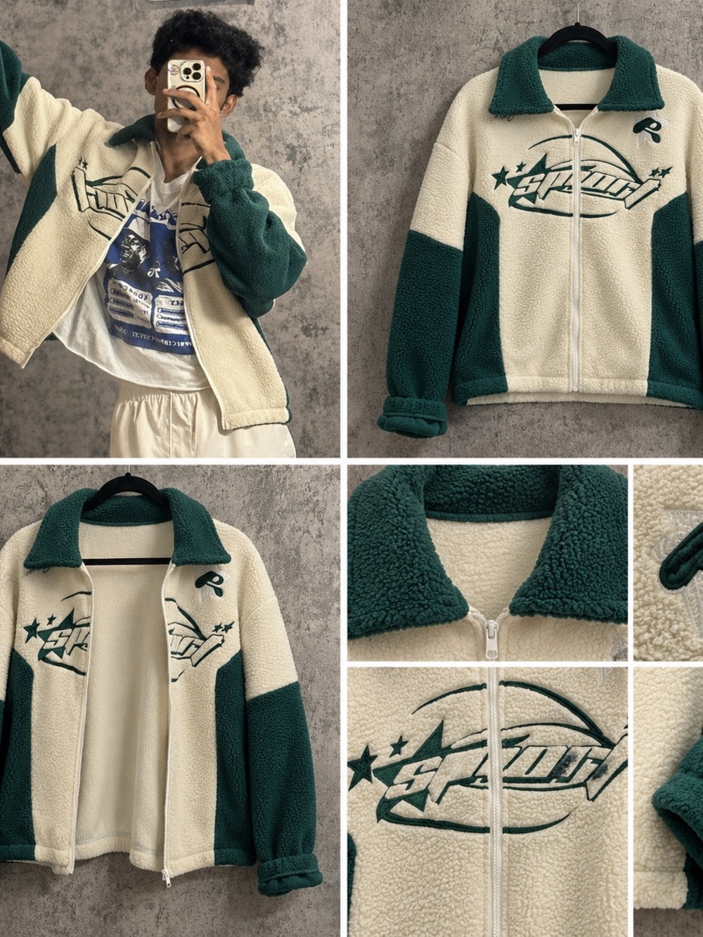 Unbranded Men's Green & Cream Sherpa Fleece Zip Jacket